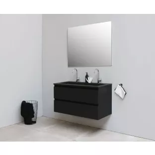 Sanilet badkamermeubel 100 cm breed - mat zwart - bouwpakket - met spiegel - wastafel zwart acryl - 2 kraangaten