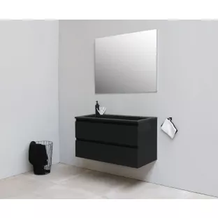 Sanilet badkamermeubel 100 cm breed - mat zwart - in elkaar gezet - met spiegel - wastafel zwart acryl - 0 kraangaten