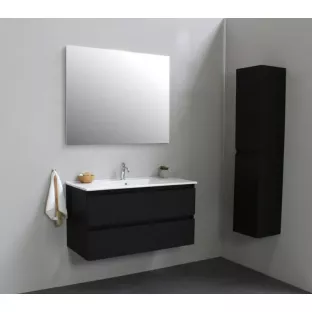 Sanilet badkamermeubel 100 cm breed - mat zwart - in elkaar gezet - met spiegel - wastafel porselein - 1 kraangat