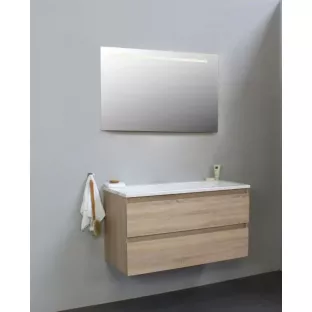 Sanilet badkamermeubel 100 cm breed - eiken - in elkaar gezet - met ledverlichting - wastafel wit acryl - 0 kraangaten
