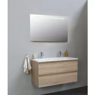 Sanilet badkamermeubel 100 cm breed - eiken - in elkaar gezet - met ledverlichting - wastafel wit acryl - 2 kraangaten