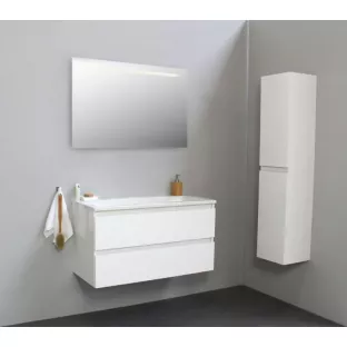 Sanilet badkamermeubel 100 cm breed - hoogglans wit - flatpack - met ledverlichting - wastafel wit acryl - 0 kraangaten