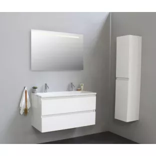 Sanilet badkamermeubel 100 cm breed - hoogglans wit - flatpack - met ledverlichting - wastafel wit acryl - 2 kraangaten