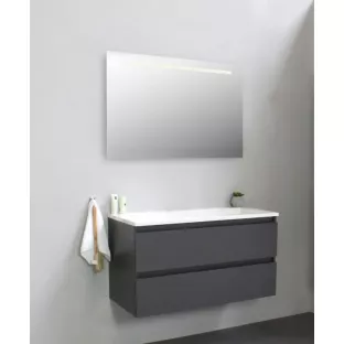 Sanilet badkamermeubel 100 cm breed - mat antraciet - in elkaar gezet - met ledverlichting - wastafel wit acryl - 0 kraangaten