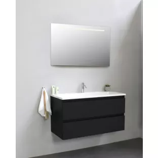Sanilet badkamermeubel 100 cm breed - mat zwart - flatpack - met ledverlichting - wastafel wit acryl - 1 kraangat