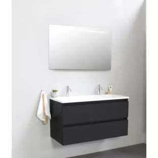 Sanilet badkamermeubel 100 cm breed - mat zwart - flatpack - met ledverlichting - wastafel wit acryl - 2 kraangaten