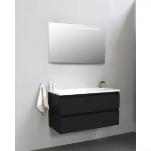 Sanilet badkamermeubel 100 cm breed - mat zwart - in elkaar gezet - met ledverlichting - wastafel wit acryl - 0 kraangaten