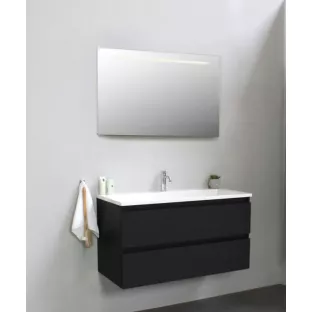 Sanilet badkamermeubel 100 cm breed - mat zwart - flatpack - met ledverlichting - wastafel porselein - 1 kraangat