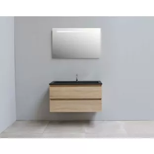 Sanilet badkamermeubel 100 cm breed - eiken - in elkaar gezet - met ledverlichting - wastafel zwart acryl - 1 kraangat
