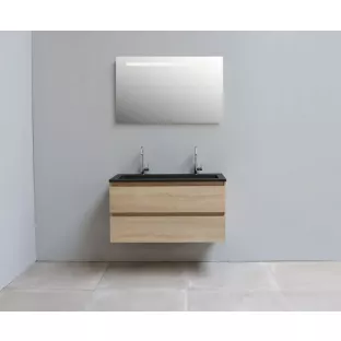 Sanilet badkamermeubel 100 cm breed - eiken - in elkaar gezet - met ledverlichting - wastafel zwart acryl - 2 kraangaten