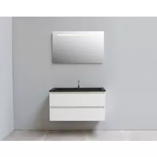 Sanilet badkamermeubel 100 cm breed - hoogglans wit - flatpack - met ledverlichting - wastafel zwart acryl - 1 kraangat