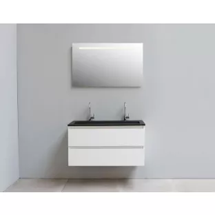 Sanilet badkamermeubel 100 cm breed - hoogglans wit - flatpack - met ledverlichting - wastafel zwart acryl - 2 kraangaten