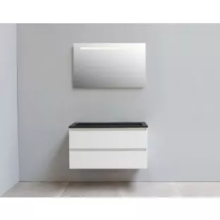Sanilet badkamermeubel 100 cm breed - hoogglans wit - flatpack - met ledverlichting - wastafel zwart acryl - 0 kraangaten