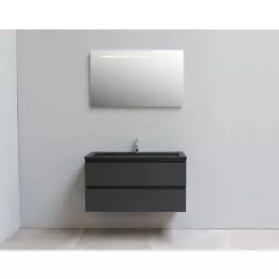 Sanilet badkamermeubel 100 cm breed - mat antraciet - flatpack - met ledverlichting - wastafel zwart acryl - 1 kraangat