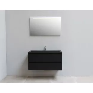 Sanilet badkamermeubel 100 cm breed - mat zwart - flatpack - met ledverlichting - wastafel zwart acryl - 1 kraangat