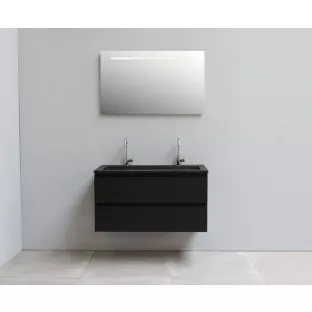 Sanilet badkamermeubel 100 cm breed - mat zwart - flatpack - met ledverlichting - wastafel zwart acryl - 2 kraangaten