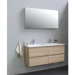 Sanilet badkamermeubel 120 cm breed - eiken - flatpack - met spiegelkast - wastafel wit acryl - 2 kraangaten