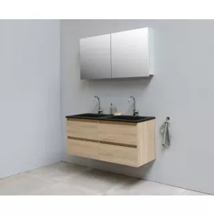 Sanilet badkamermeubel 120 cm breed - eiken - in elkaar gezet - met spiegelkast - wastafel zwart acryl - 2 kraangaten