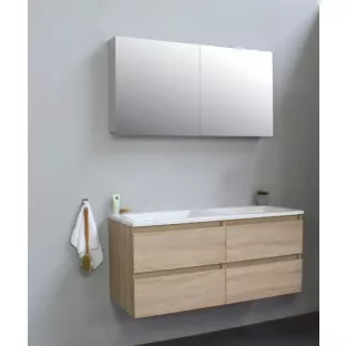 Sanilet badkamermeubel 120 cm breed - eiken - in elkaar gezet - met spiegelkast - wastafel wit acryl - 0 kraangaten