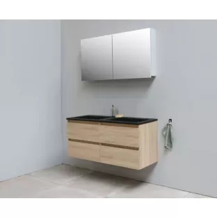 Sanilet badkamermeubel 120 cm breed - eiken - flatpack - met spiegelkast - wastafel zwart acryl - 0 kraangaten