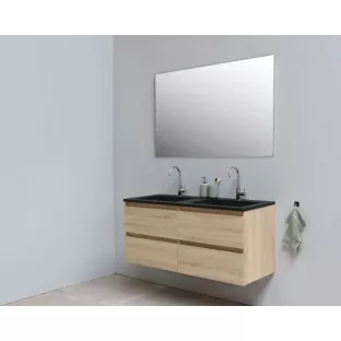 Sanilet badkamermeubel 120 cm breed - eiken - bouwpakket - met spiegel - wastafel zwart acryl - 2 kraangaten