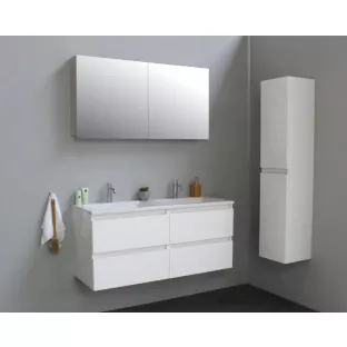 Sanilet badkamermeubel 120 cm breed - hoogglans wit - flatpack - met spiegelkast - wastafel wit acryl - 2 kraangaten