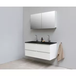 Sanilet badkamermeubel 120 cm breed - hoogglans wit - flatpack - met spiegelkast - wastafel zwart acryl - 2 kraangaten