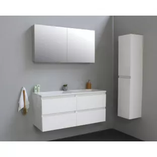 Sanilet badkamermeubel 120 cm breed - hoogglans wit - flatpack - met spiegelkast - wastafel wit acryl - 0 kraangaten