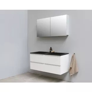 Sanilet badkamermeubel 120 cm breed - hoogglans wit - flatpack - met spiegelkast - wastafel zwart acryl - 0 kraangaten
