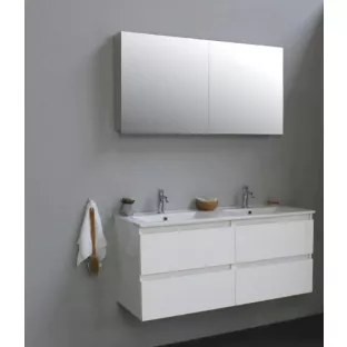 Sanilet badkamermeubel 120 cm breed - hoogglans wit - flatpack - met spiegelkast - wastafel porselein - 1 kraangat