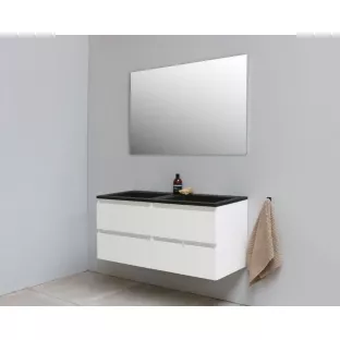 Sanilet badkamermeubel 120 cm breed - hoogglans wit - bouwpakket - met spiegel - wastafel zwart acryl - 0 kraangaten