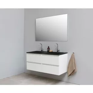 Sanilet badkamermeubel 120 cm breed - hoogglans wit - bouwpakket - zonder spiegel - wastafel zwart acryl - 2 kraangaten