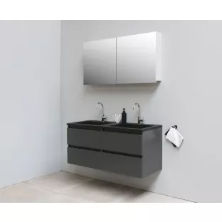 Sanilet badkamermeubel 120 cm breed - mat antraciet - flatpack - met spiegelkast - wastafel zwart acryl - 2 kraangaten