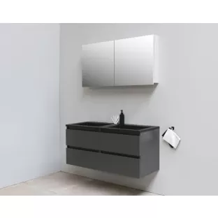 Sanilet badkamermeubel 120 cm breed - mat antraciet - in elkaar gezet - met spiegelkast - wastafel zwart acryl - 0 kraangaten