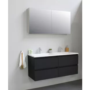 Sanilet badkamermeubel 120 cm breed - mat zwart - flatpack - met spiegelkast - wastafel wit acryl - 2 kraangaten
