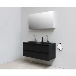 Sanilet badkamermeubel 120 cm breed - mat zwart - flatpack - met spiegelkast - wastafel zwart acryl - 2 kraangaten