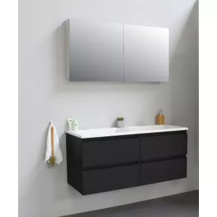 Sanilet badkamermeubel 120 cm breed - mat zwart - flatpack - met spiegelkast - wastafel wit acryl - 0 kraangaten