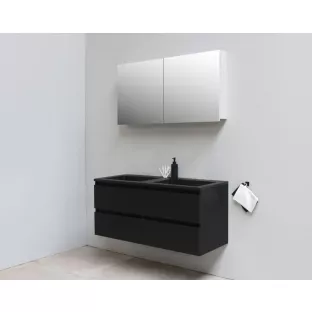 Sanilet badkamermeubel 120 cm breed - mat zwart - flatpack - met spiegelkast - wastafel zwart acryl - 0 kraangaten