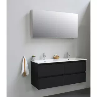 Sanilet badkamermeubel 120 cm breed - mat zwart - flatpack - met spiegelkast - wastafel porselein - 1 kraangat