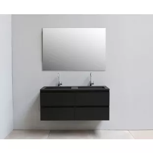 Sanilet badkamermeubel 120 cm breed - mat zwart - bouwpakket - met spiegel - wastafel zwart acryl - 2 kraangaten