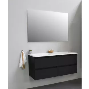 Sanilet badkamermeubel 120 cm breed - mat zwart - bouwpakket - met spiegel - wastafel wit acryl - 0 kraangaten