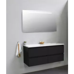 Sanilet badkamermeubel 120 cm breed - mat zwart - in elkaar gezet - met ledverlichting - wastafel wit acryl - 0 kraangaten