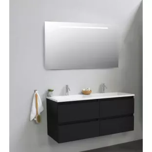 Sanilet badkamermeubel 120 cm breed - mat zwart - in elkaar gezet - met ledverlichting - wastafel wit acryl - 2 kraangaten