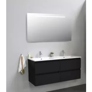 Sanilet badkamermeubel 120 cm breed - mat zwart - flatpack - met ledverlichting - wastafel porselein - 1 kraangat