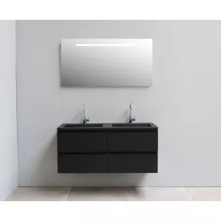 Sanilet badkamermeubel 120 cm breed - mat zwart - in elkaar gezet - met ledverlichting - wastafel zwart acryl - 2 kraangaten