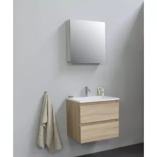 Sanilet badkamermeubel 60 cm breed - eiken - flatpack - met spiegelkast - wastafel wit acryl - 0 kraangaten