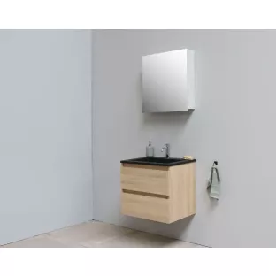 Sanilet badkamermeubel 60 cm breed - eiken - in elkaar gezet - met spiegelkast - wastafel zwart acryl - 1 kraangat