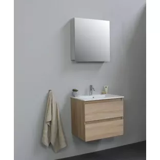 Sanilet badkamermeubel 60 cm breed - eiken - flatpack - met spiegelkast - wastafel porselein - 1 kraangat