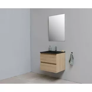 Sanilet badkamermeubel 60 cm breed - eiken - in elkaar gezet - zonder spiegel - wastafel zwart acryl - 1 kraangat