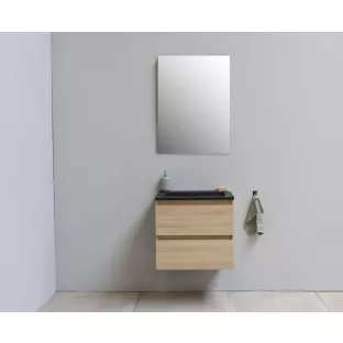 Sanilet badkamermeubel 60 cm breed - eiken - bouwpakket - met spiegel - wastafel zwart acryl - 0 kraangaten
